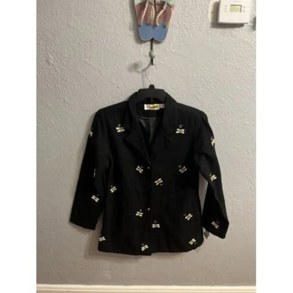 Anage Vintage Womens Black With Bee Sequins Jacket Blazer size small - Picture 2 of 9